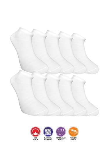 10 Çift Desensiz Düz Sade Erkek Patik Pamuk Beyaz Çorap - Bilek B Beyaz