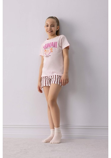 DeFacto Kız Çocuk Pijama Takımı Baskılı Kısa Kollu Tişört Çizgili Şort E6558A825SMPN343 Pembe