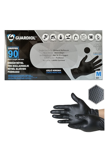 Guardiol Nitril Siyah Eldiven Çift Yönlü Tırtıklı M Beden 50 Adet