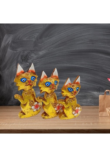 Ahşap Simli Üçlü Kedi Dekoratif Biblo No.2 17 Cm