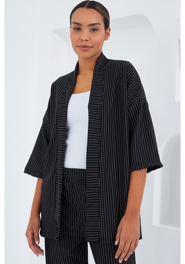 Bigdart 6661 Kadın Çizgili Kimono İkili Takım - Siyah 001