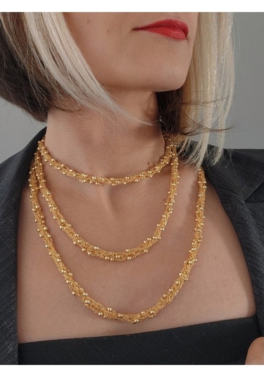 Top Zincir Modüler Örme Çelik Zincir Uzun Konsept Altın Kaplama Gold Renk Kolye