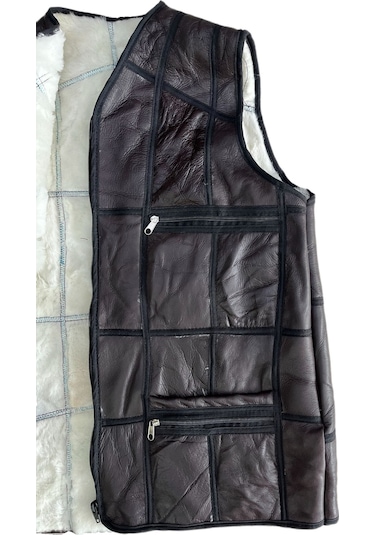 Patchwork Içi Kürk-Dışı Süet Hakiki Deri Acı Kahverengi Yelek