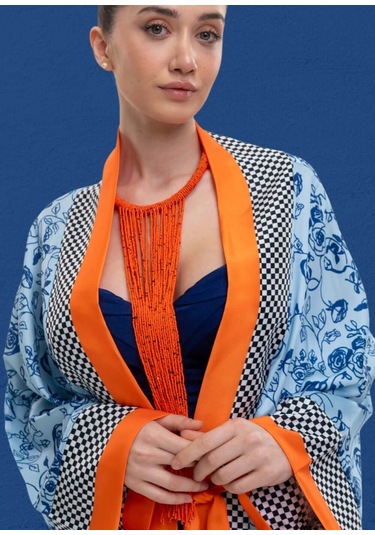 Mayovera Kimono - Mavi Çiçekler Tasarım Çok Renkli