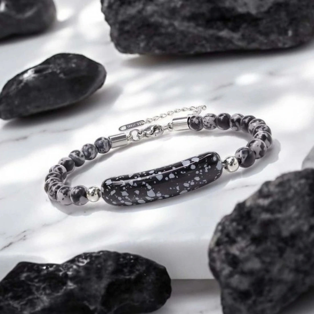 Moncuk Design Snowy Obsidian Doğaltaş Çelik Halat Ve Çelik Klipsli Bileklik 33512b19d2 Çok Renkli