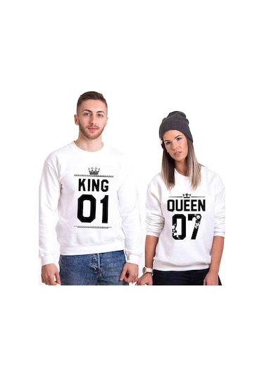 Tshirthane King 01 Queen Sevgili Kombinleri Unisex Sweatshirt Kırık Beyaz