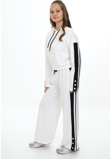 Kız Çocuk %100 Pamuk Kapüşonlu Uzun Kol Oversize Alt&üst Eşofman Takımı-eşt-0020 Beyaz