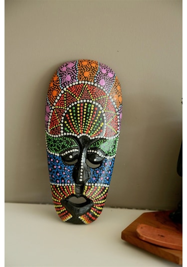 Elde Renkli Boyanmış Ahşap Aborjin Mask 20 CM