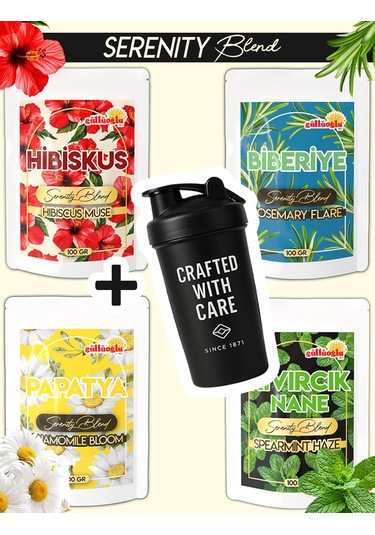 Güllüoğlu 4'lü Bitki Çayı Serisi + Shaker Hibiskus-papatya-biberiye-kıvırcık Nane