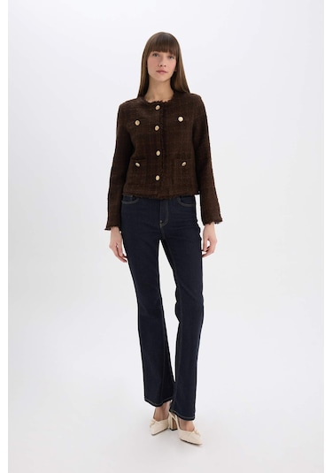 Defacto Regular Fit Bisiklet Yaka Tweed Blazer Ceket D8460ax24aubn298 Kahve