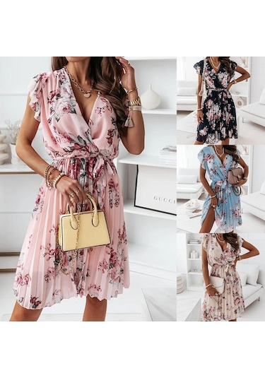 Yaz Kadın Fırfırlı Kısa Kollu V Yaka Dijital Baskılı Elbiseler Pembe