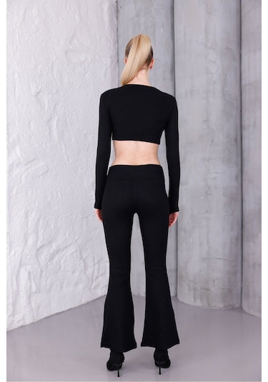 Kadın İspanyol Paça Pantolon Uzun Kollu Parmak Geçirmeli Crop Takım Siyah