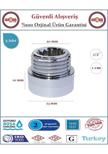 1/2'' Musluk Uzatması - 1cm - Paslanmaz Çelik - 3 Adet