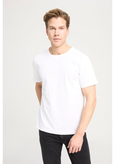 Regular Fit Normal Kesim Bisiklet Yaka %100 Pamuk Ekru Tişört W241575104 Ekru
