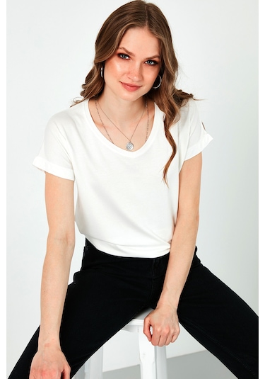 Lela V Yaka Relaxed Fit Yırtmaç Detaylı 2'Li Paket Bayan Bluz 5862000S2 Ekru-Kahve