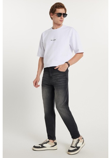 Erkek Relax Fit Geniş Kesim Boru Paça Denim Yıkamalı Taşlamalı Esnek Siyah Jean Kot Pantolon-34489 Siyah