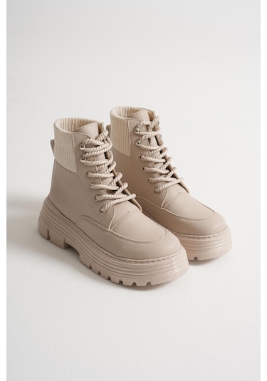 Kalın Eva Taban Boğazı Lastikli Bağcıklı Kadın Bej Bot Tbgzgn505 Bej