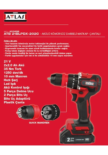 Attlas ATB21 BLPDX-202C 2.0AH Akülü Kömürsüz Darbeli Matkap - A0104098