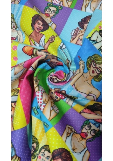 Renkli Karışık Popart Kızları Desenli Dijital Baskılı Kumaş
