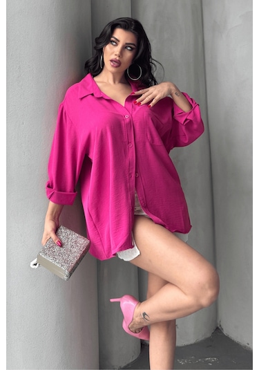 Paw Garage Kadın Perla Fuşya Tek Cepli Oversize Gömlek, Geniş Kalıp Gömlek, Ayrobin Gömlek Nar Çiçeği