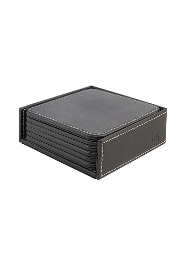 Bardak Altlığı,6 Lı Set,masaüstü Kare Cup Coaster,vegan Suni Deri,11x11 Cm.,siyah