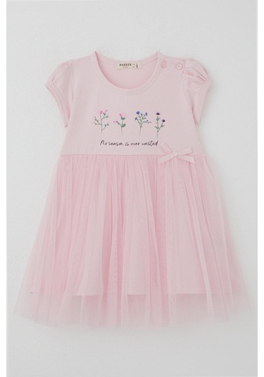 Breeze Kız Çocuk Elbise Çiçek Baskılı Tüllü Fiyonk Detaylı 1.5-5 Yaş, Pembe Pembe