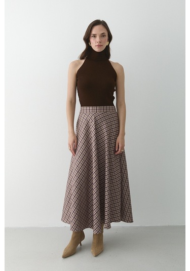 Kahverengi Ekoseli Etek Kahverengi