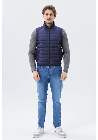 Uniprom Erkek Şişme Yelek Su Ve Rüzgar Geçirmez Ray Desen Lacivert