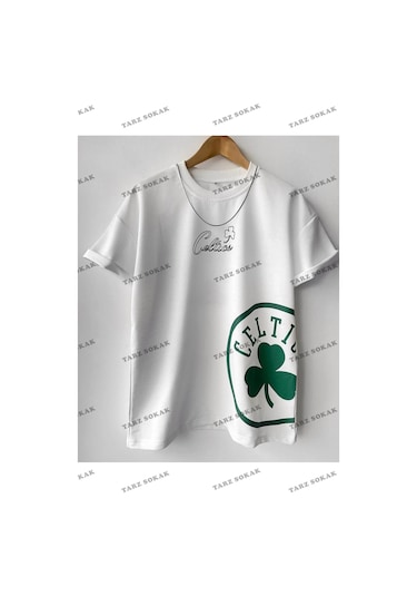Tarzsokak Erkek Celtic Baskılı Pamuklu Bisiklet Yaka Kısa Kollu Oversize Beyaz