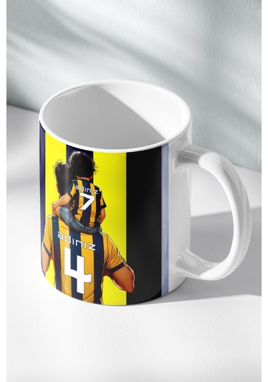 Sarı Lacivert Kişiye Özel, Taraftar Baba Oğul Tasarımlı Baskılı Hediye Kupa Bardak Lacivert