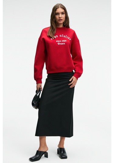 Grımelange Morevessa Kadın Regular Fit Baskı Detaylı Yuvarlak Yakalı Kırmızı Sweatshirt Kırmızı