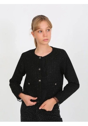 Kız Çocuk Siyah Simli Tüvit Ceket-15235 Siyah