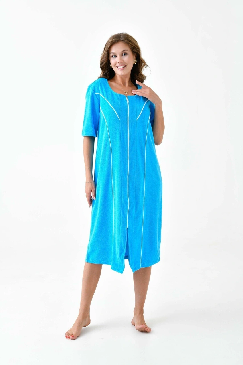 Kadın Yarım Kısa Kol Fermuarlı U Yaka Rahat Kalıp Büyük Beden Curve Ev Plaj Midi Havlu Elbise Mavi
