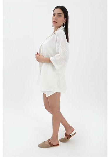 Pamuk Keten Şort Gömlek Kadın İkili Takım - Ekru-ekru Ekru