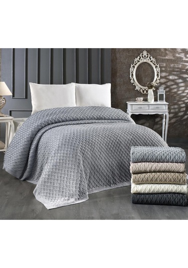 Akrilik Örgü Battaniye Çift Kişilik 220 X 240 Cm Yatak Örtüsü Pike Poly Gri