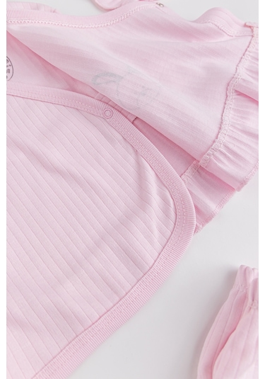 Tavşan Figürlü Pamuklu 5 Parça Kız Bebek Hastane Çıkışı Bebek Takımı Pembe