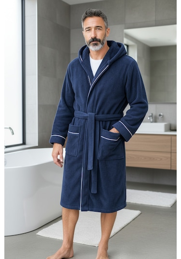 % 100 Pamuklu Laodikeia Kapşonlu Unisex Kadın Erkek Bornoz Lacivert