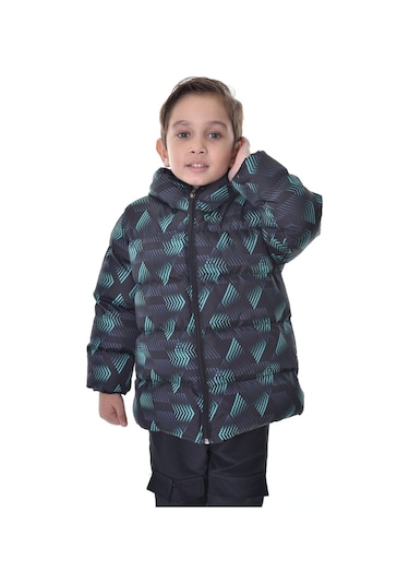 Erkek Çocuk Siyah Yeşil Dijital Desen İçi Polar Su Ve Rüzgar Geçirmez Kapüşonlu Şişme Kışlık Mont Siyah - Yeşil