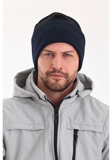 Erkek Siyah Polar Dış, Kahve Pamuklu Iç Kısım, Çift Renk Çift Katmanlı Katlanabilir Yumuşak Bere - Standart / Siyah-lacivert Siyah-lacivert