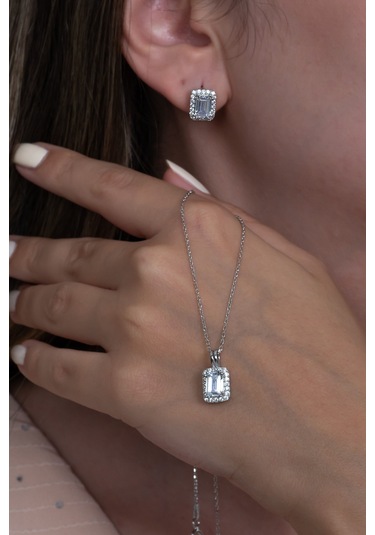 Gümüş Tek Taş Baget Set Kolye Yüzük J Küpe Wss12