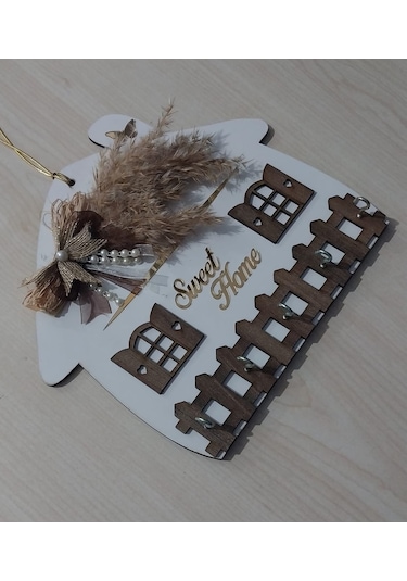 Sweet Home Yazılı Ahşap Anahtar Askılığı Duvar Askılı Anahtarlık Beyaz