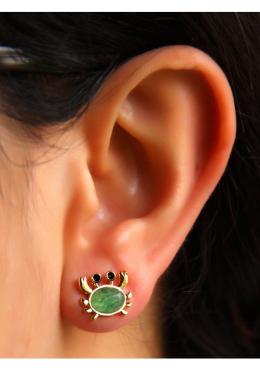 Esha Store Doğal Taş Yeşil Akik Doğal Taşlı Yengeç Altın Kaplama Kadın Küpe Euk21ya Yeşil