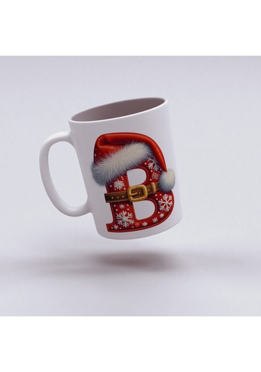 B Harfi Yılbaşı Temalı Bardak 330 Ml Harfli Kişiye Özel Hediye - Yeniyıl / Noel Şapka Tasarım Beyaz