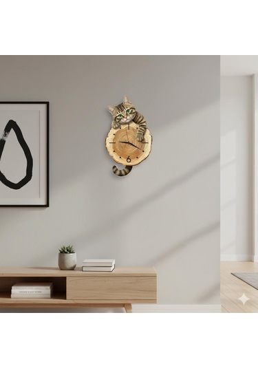 Cajuart Kütük Üzerinden Bakan Tekir Kedi Tasarımlı Duvar Saati Modern Dekoratif Saat Kahverengi