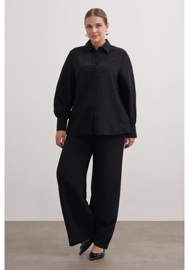 Sırtı Fiyonklu Çizgili Gömlek-6212 Siyah