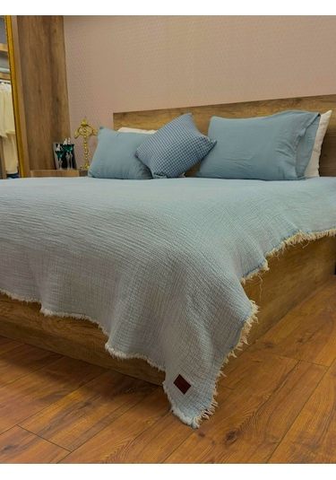 Bebe Mavi 4 Katlı Çift Taraflı Çift Kişilik Müslin Battaniye %100 Pamuk 230x240 Cm