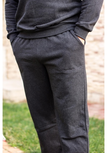 Antrasit Dik Balıkçı Yaka Rahat Kalıp Yarım Fermuarlı Erkek Eşofman Takım 21EESTYAKT Antrasit