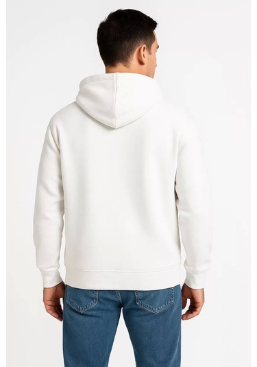 Erkek Üç İplik Kapüşonlu Tam Fermuarlı Kanguru Çepli Sweatshirt Hoodie - Beyaz Beyaz