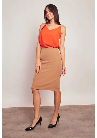 Astarlı Yüksek Bel Diz Altı Hafif Likralı Yırtmaçlı Kumaş Ofis Kalem Etek-camel CAMEL