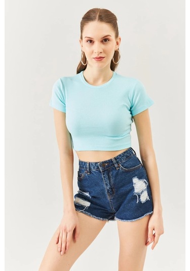 Kadın Kısa Kol Bisiklet Yaka Vücuda Oturan %100 Pamuklu Kaşkorse Esnek Crop Bluz Aqua